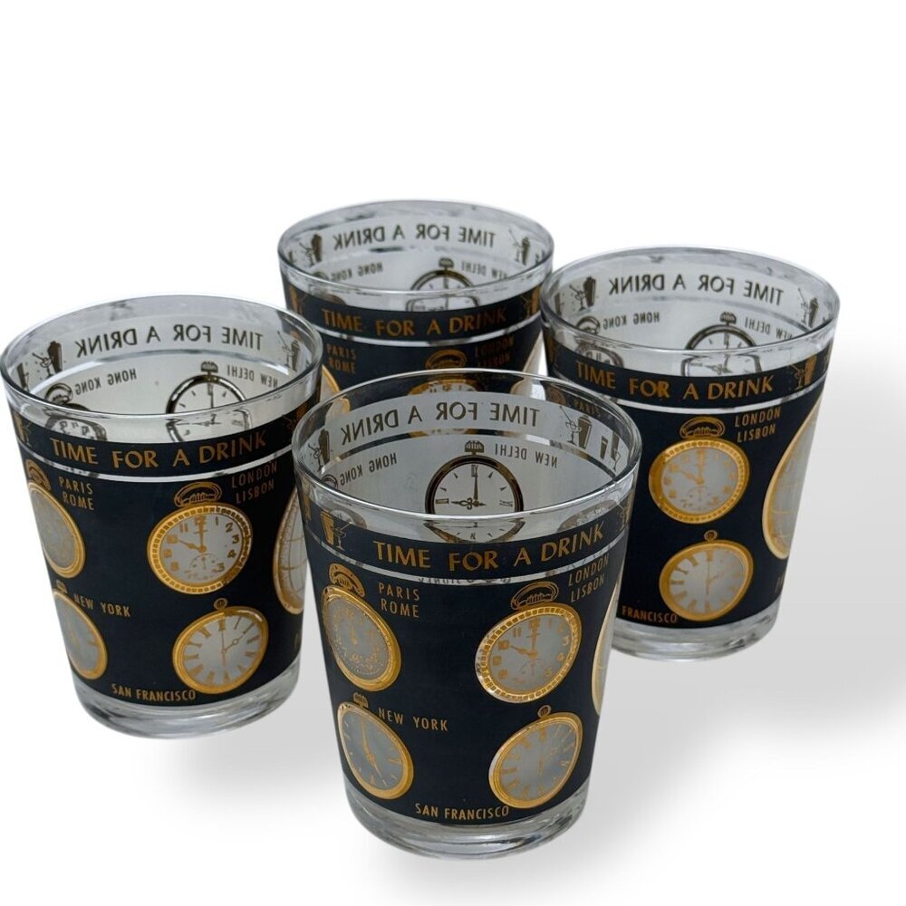 Set of 4 Mid-Century Modern "Time For A Drink" Double Old Fashioned Glasses Gold